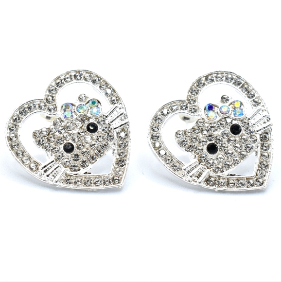 Silver Heart Cat Crystal Earrings, Silver Tone, New - Picture 1 of 7
